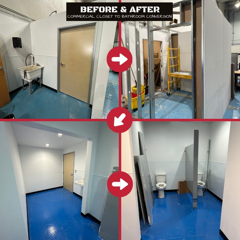Commercial closet to bathroom conversion before and after